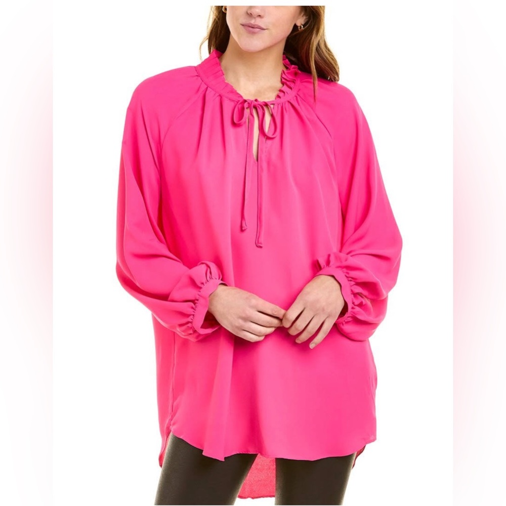 Like New Vince Camuto Vibrant Hot Pink Ruffle Neck Tie Blouse Top Size XXL